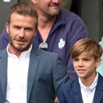 LONDON, ENGLAND - JULY 08:  David Beckham and Romeo Beckham attend day nine of the Wimbledon Tennis Championships at Wimbledon on July 8, 2015 in London, England.  (Photo by Karwai Tang/WireImage)